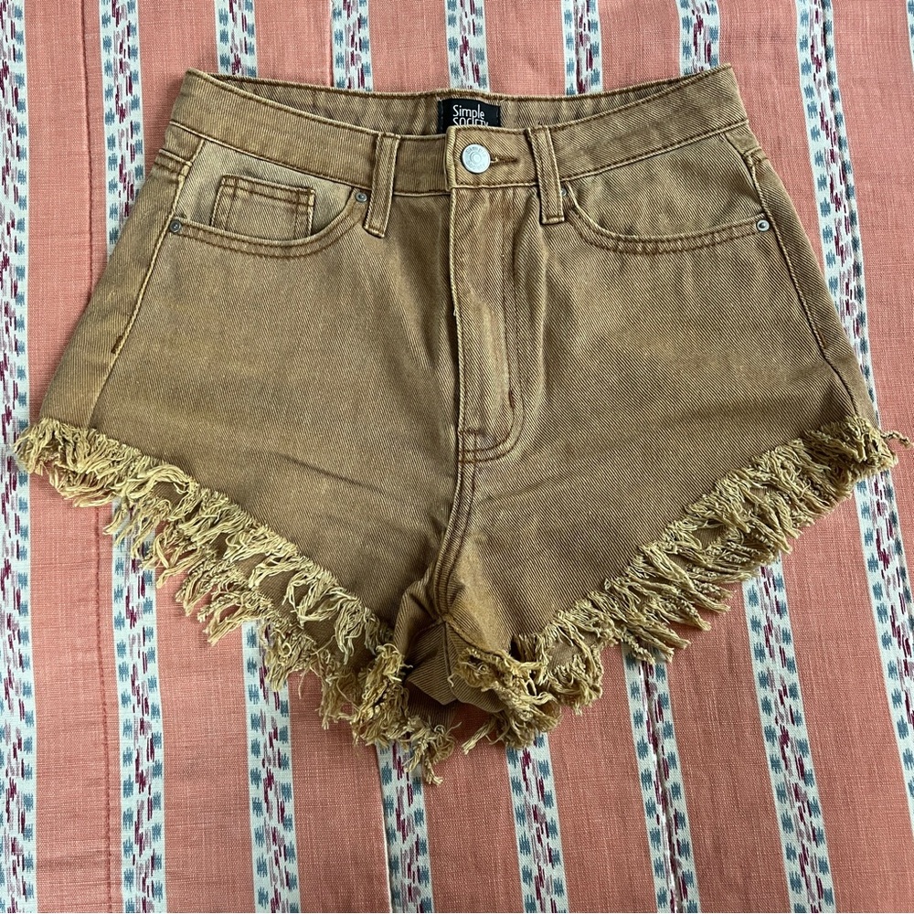 Simple Brown Frayed Women Shorts